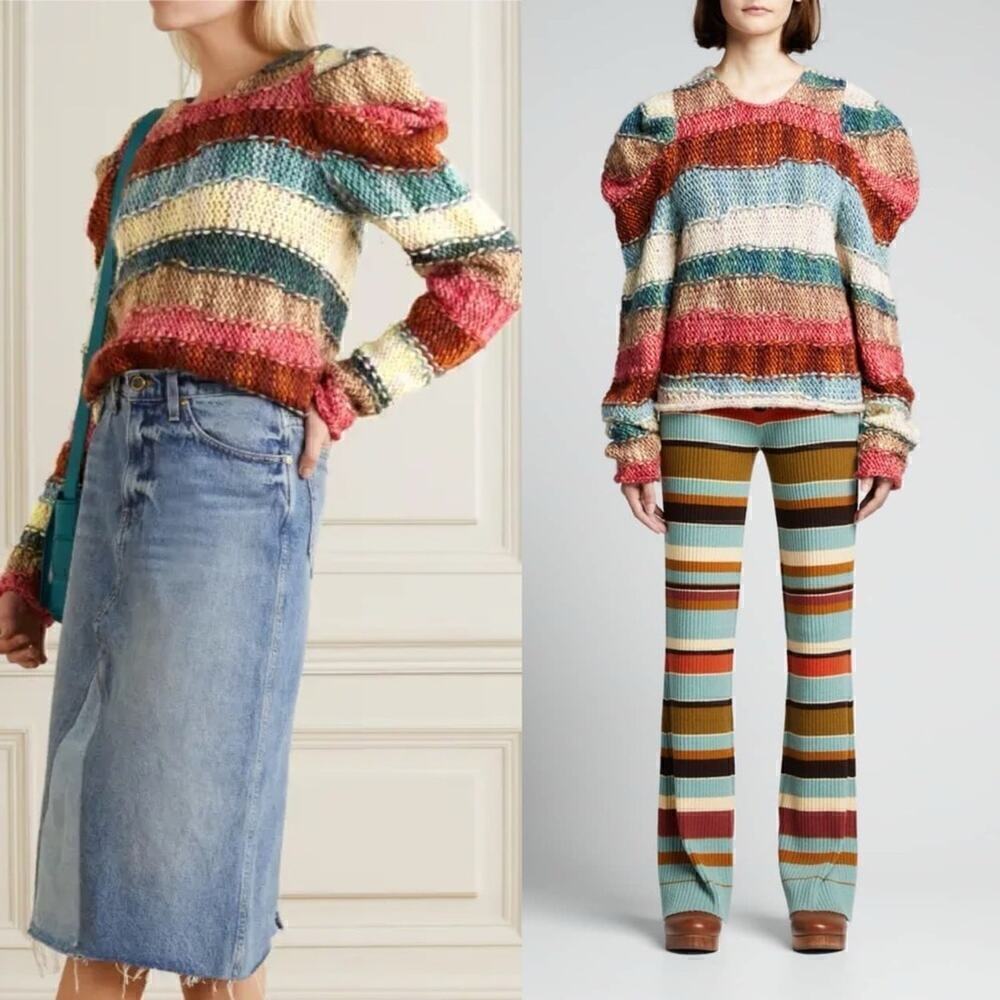 Ulla Johnson Multicolor Striped Puff-Sleeve Knit Sweater